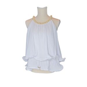 # A217 WHY Dress Pearlcore White Pleated Pearl neckline RuffleTop L NWT